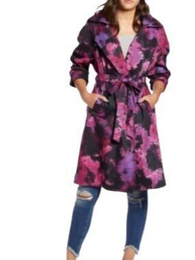 Tencel Womens Trench Coat Purple Combo Tie Dye Open Front Tie Close Cotton S New